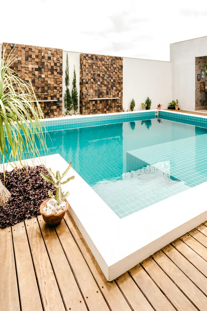 Potted plants beside a swimming pool